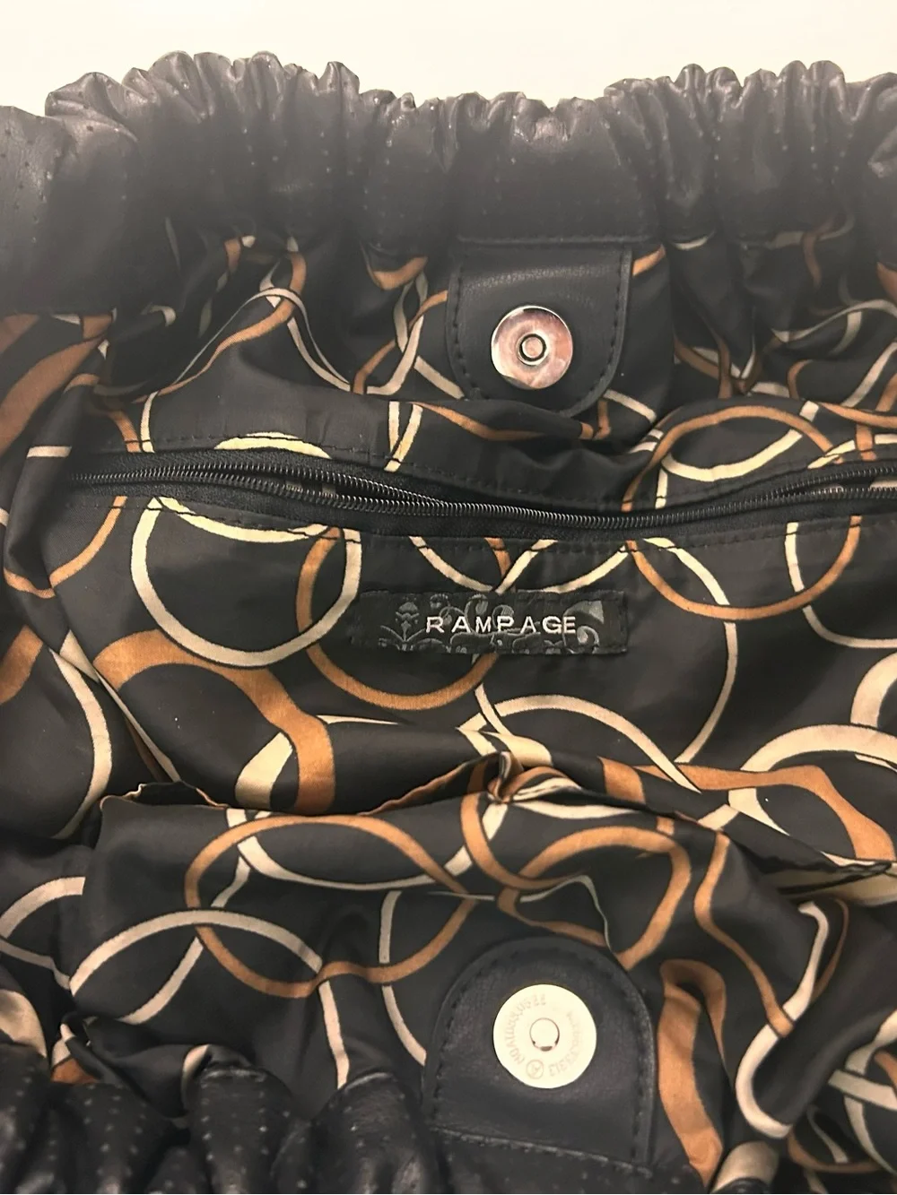 Rampage Black Bag with Gold and Cream Ring Print Clean & Excellent shape